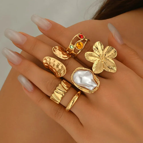 Retro Geometric Metal Ring Set for Women