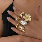 Metal Flower Pearl Open Ring for Women